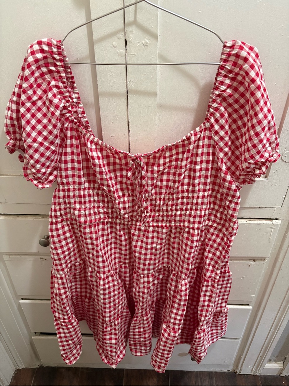 NWT SHEIN Curve 4XL Red/ White Gingham Cotton Blend Smocked Dress
